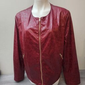 John Paul Richard Red‎ Faux Leather Jacket Size XL Gold Zipper Leopard Lined